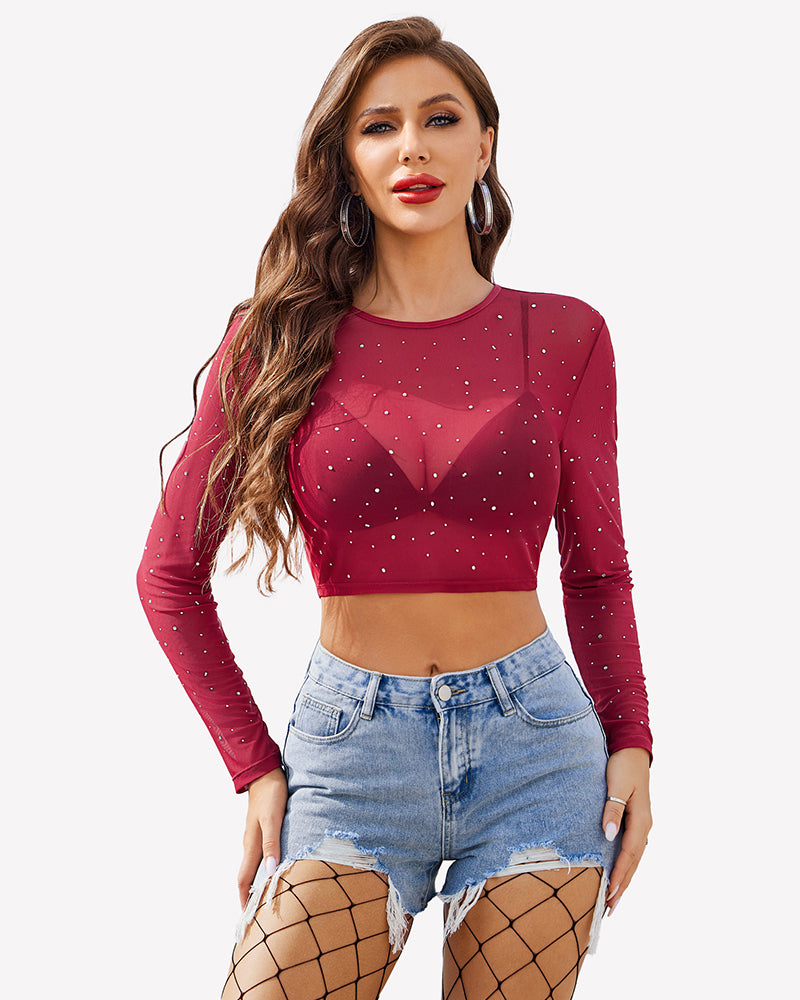 Burgundy rhinestone mesh see-through crop top with long sleeves and denim shorts. Sexy lingerie.