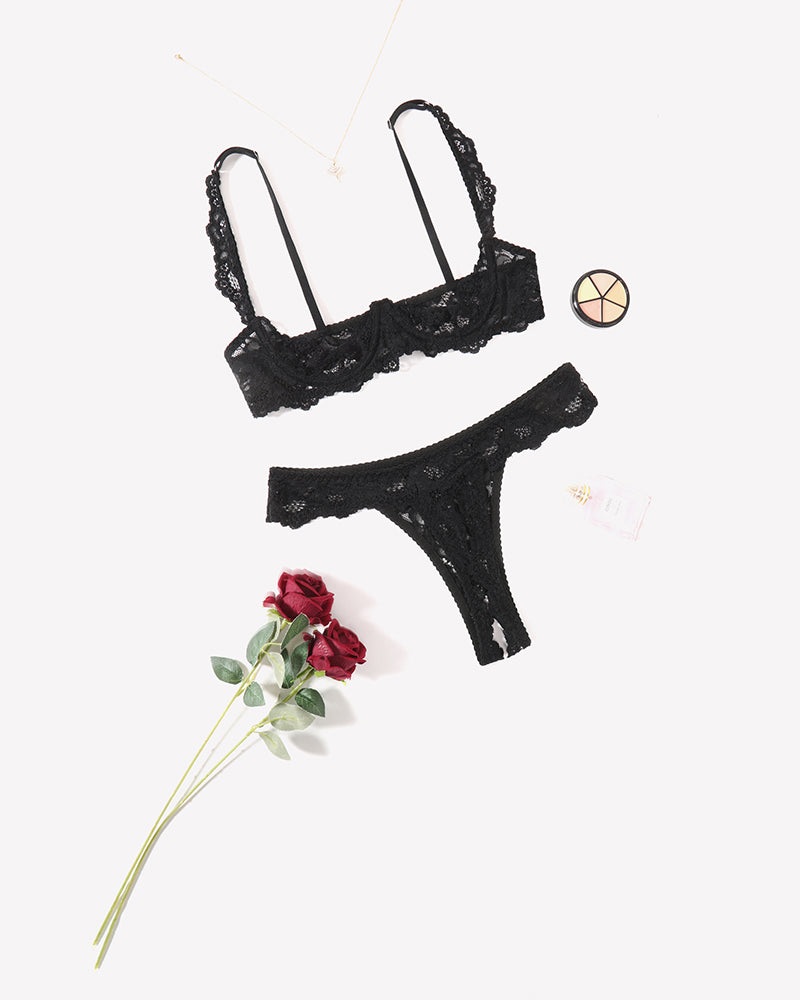 Black lace push-up bra and panty set with underwire, perfect for a sexy and confident look