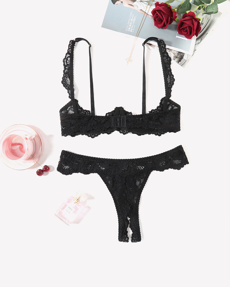 Black lace lingerie set with underwire bra and thong panty, crafted from soft lace for a sexy look.