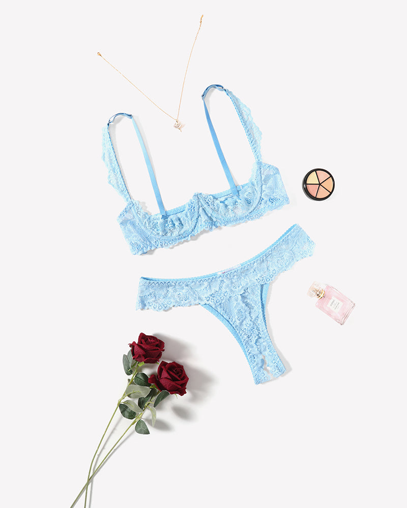Light blue lace lingerie set with underwire bra and thong, soft lace for a sexy look.