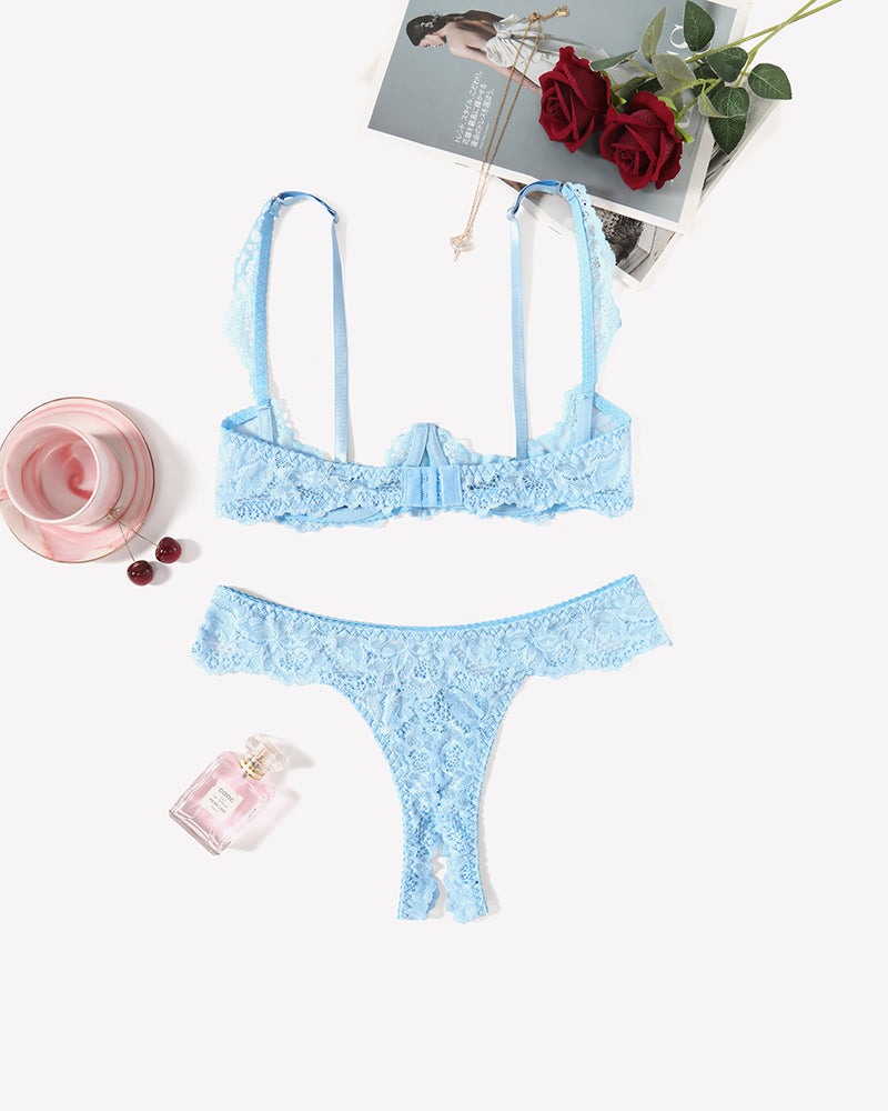 Sexy light blue lace bra and panty set with underwire, perfect for a romantic night.