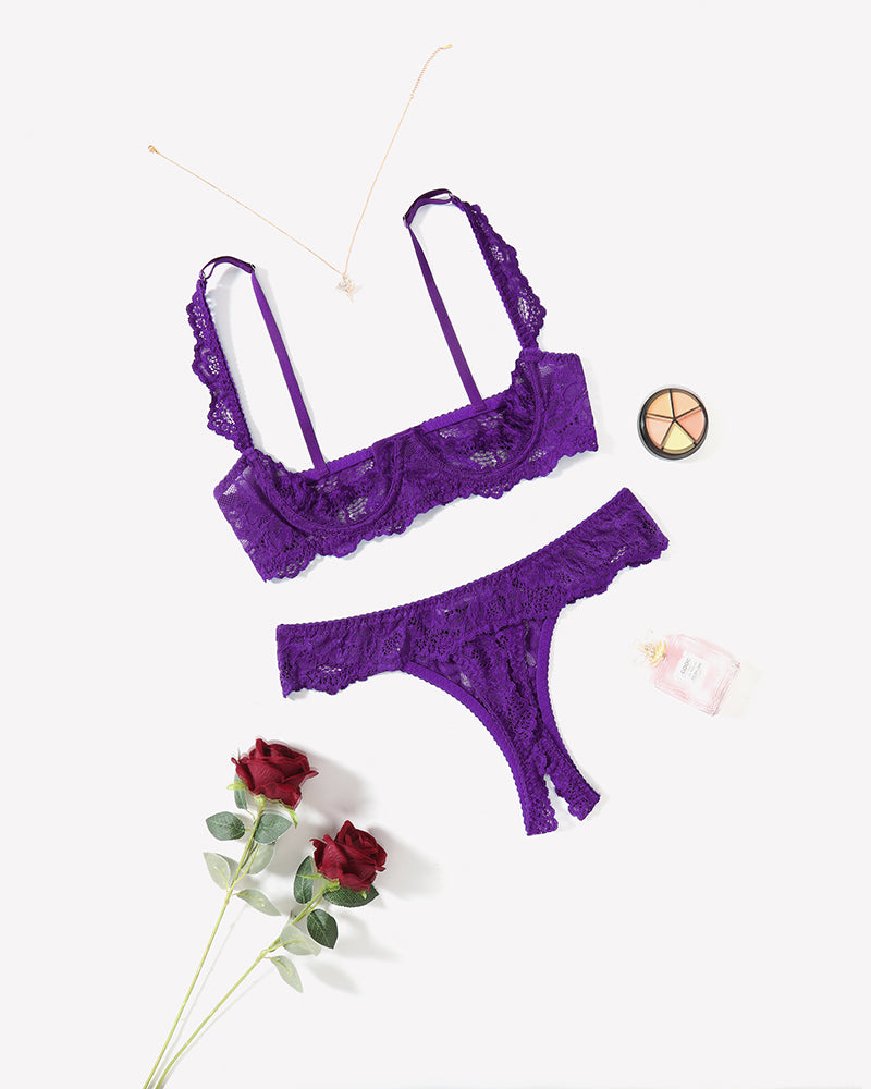 Purple lace lingerie set with underwire bra and thong, soft lace for a sexy and confident look.