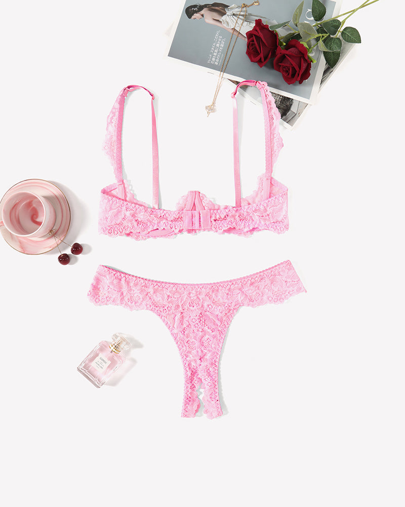 Pink lace push-up bra and panty set with underwire, perfect for a romantic night. Sexy lingerie set.