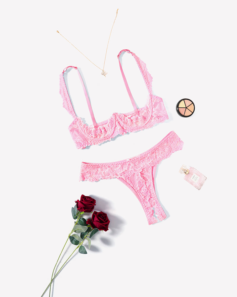 Pink lace lingerie set with underwire bra and thong, soft lace for a sexy look.