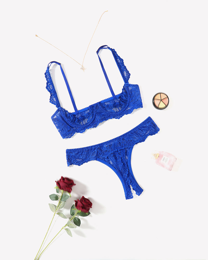 Blue lace lingerie set with underwire bra and thong panty. Sexy lingerie set for a romantic night.