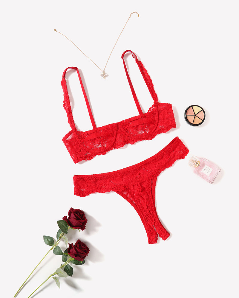 Red lace lingerie set with underwire bra and thong, perfect for a romantic night. Sexy lingerie set.