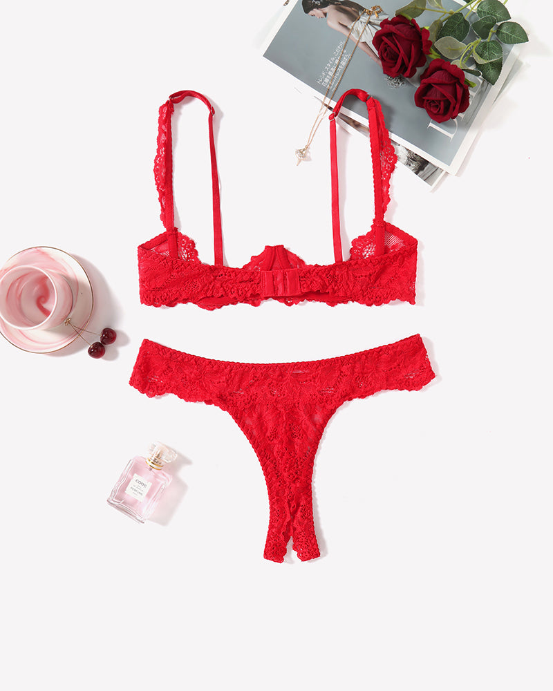 Red lace push-up bra and panty set with underwire, perfect for a romantic night. Sexy lingerie set.