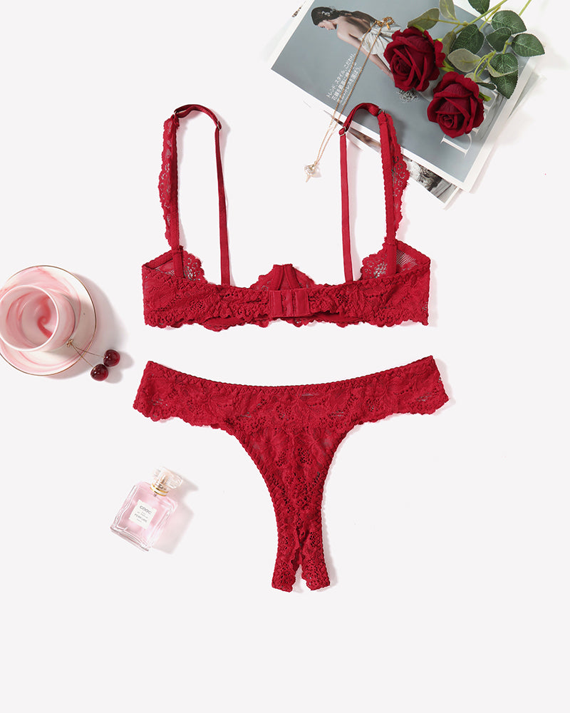 Red lace bra and panty set with underwire, perfect for a romantic night. Sexy lingerie set.