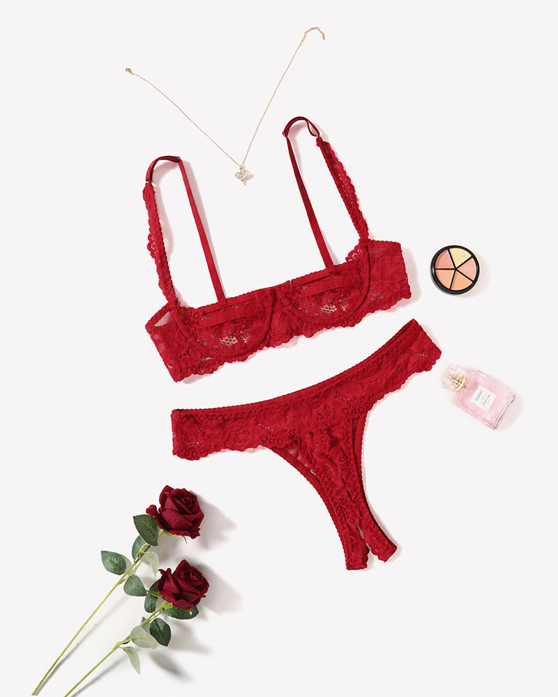 Red lace lingerie set with underwire, perfect for a romantic night. Sexy lingerie.
