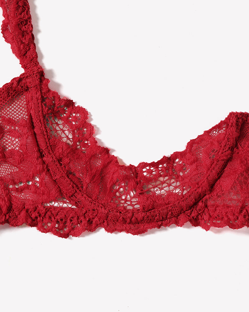 Red lace underwire bra, soft and stretchy fabric, perfect for a romantic night. Sexy lingerie set.