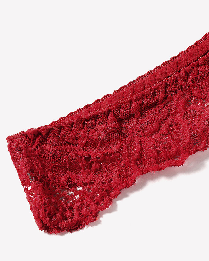 Red lace lingerie detail, soft and stretchy fabric, perfect for a romantic night.