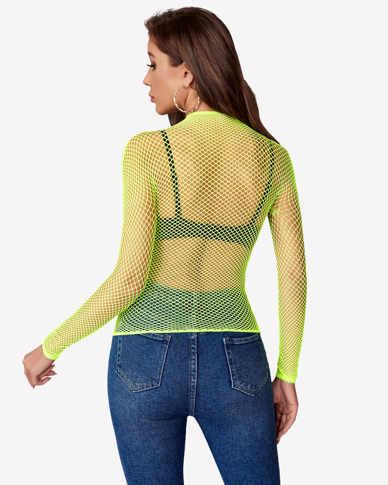 Neon green fishnet mesh long sleeve top. Sheer top for parties and festivals.