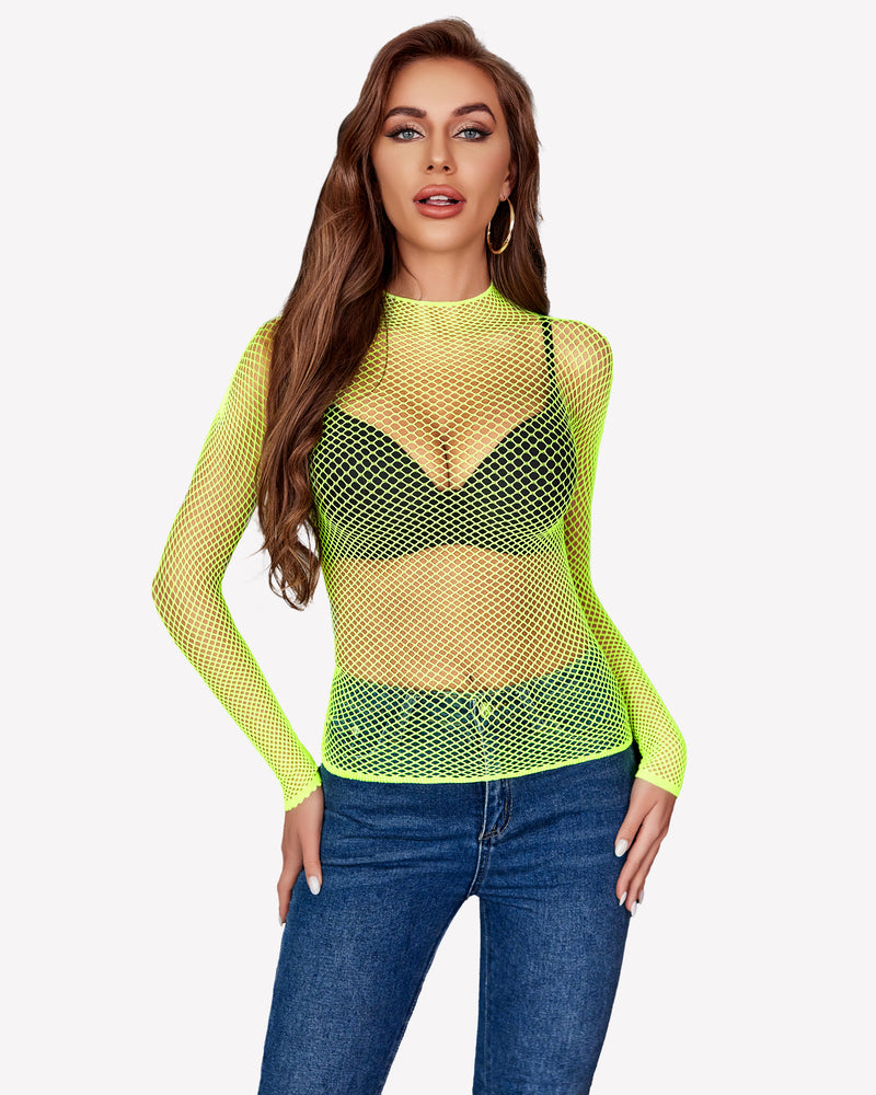 Neon green fishnet mesh long sleeve top. Sheer fishnet top for parties and festivals.