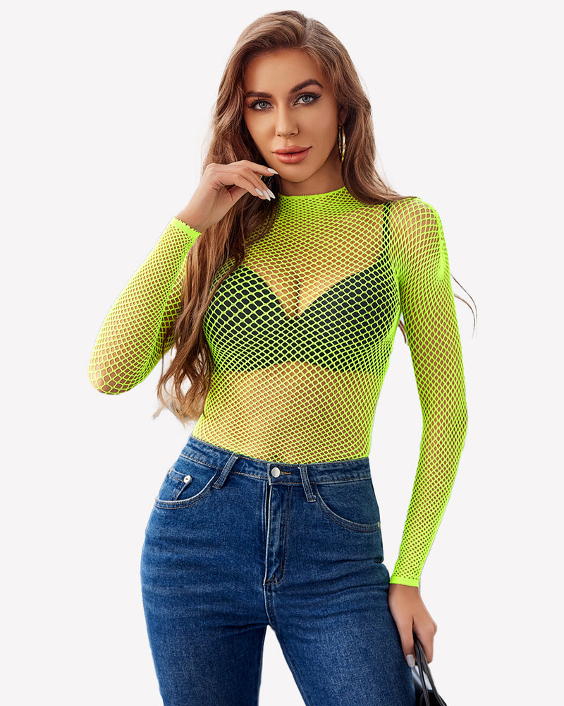Sheer neon green fishnet long sleeve top, perfect for parties and festivals.