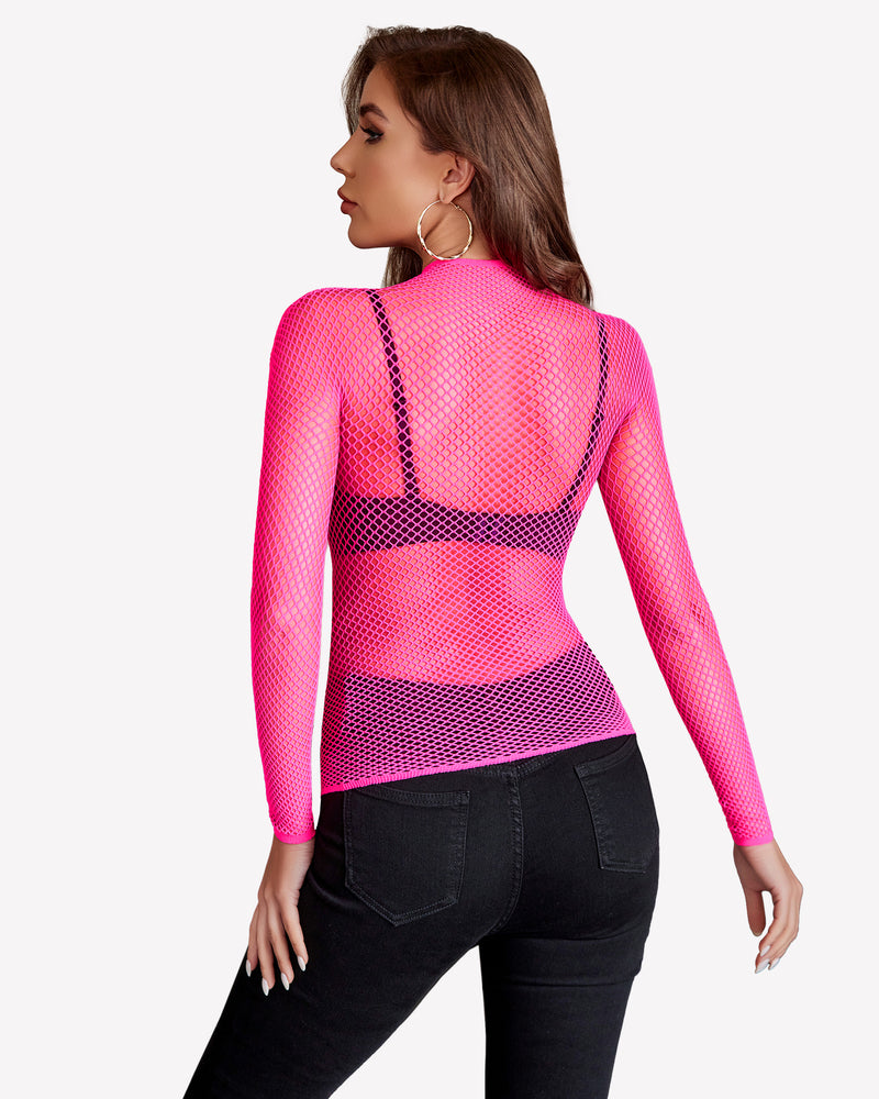 Neon pink fishnet mesh long sleeve top, perfect for parties and festivals, paired with black jeans.