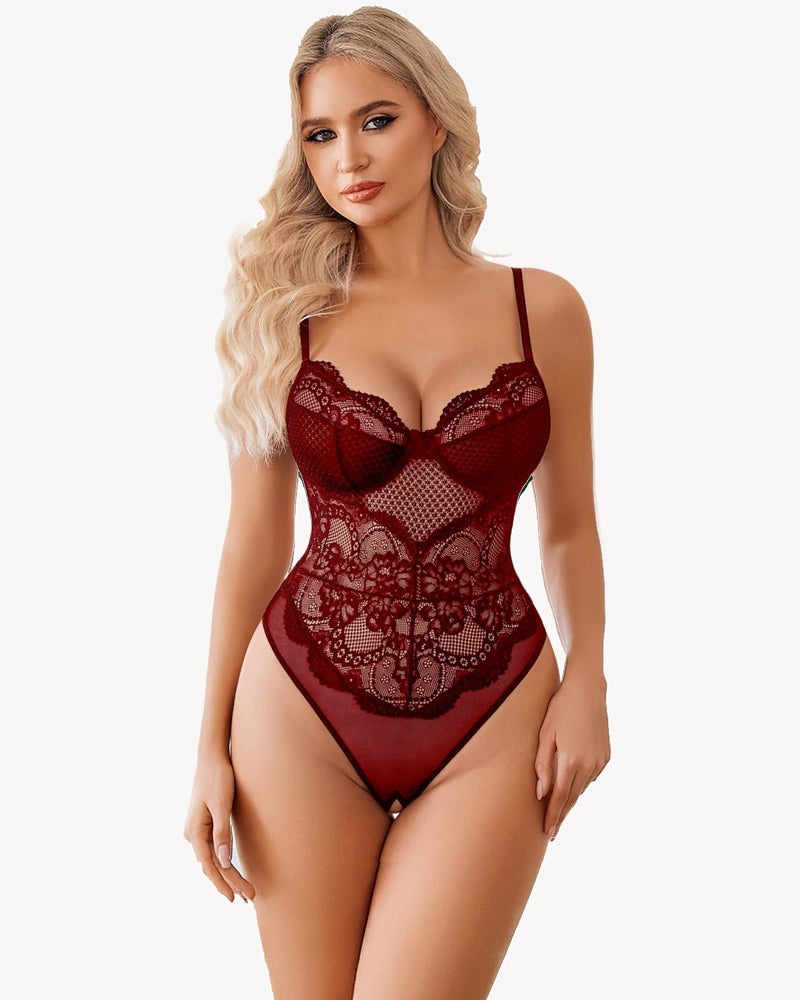 Burgundy lace cut-out babydoll teddy lingerie with adjustable straps and crotchless design
