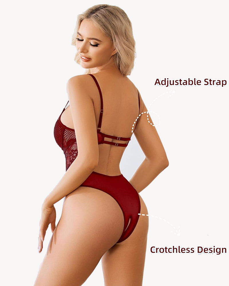 Burgundy lace cut-out crotchless teddy lingerie with adjustable straps