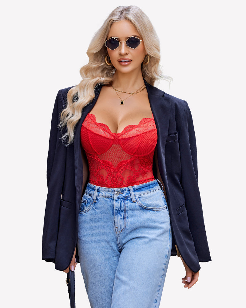 Red lace cut-out babydoll teddy lingerie with blue jeans and black blazer