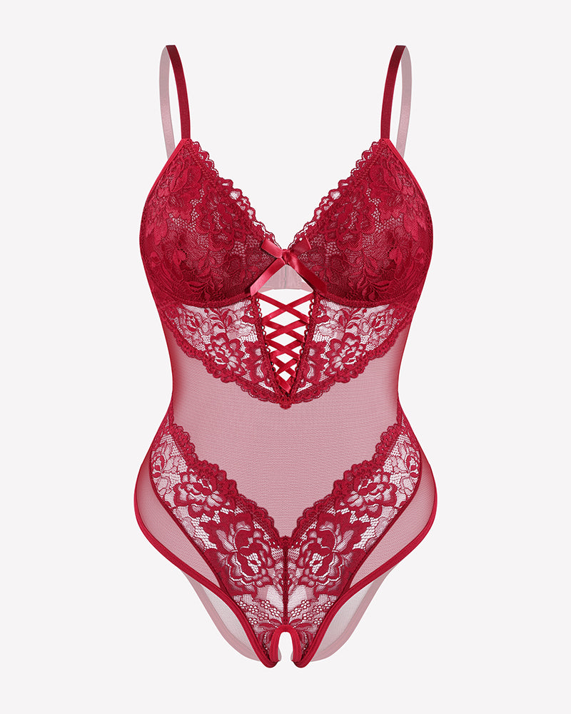 Red lace V-neck mini bodysuit with lace detail, perfect for romantic nights and special occasions