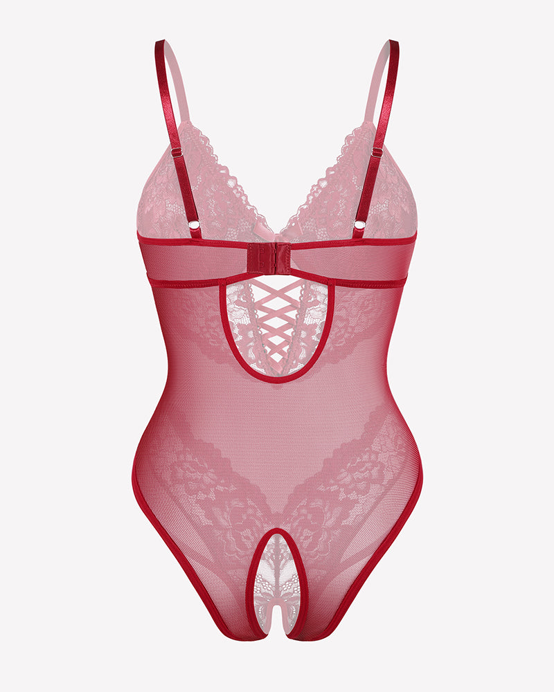 Red lace V-neck mini bodysuit with open crotch detail, ideal for romantic nights