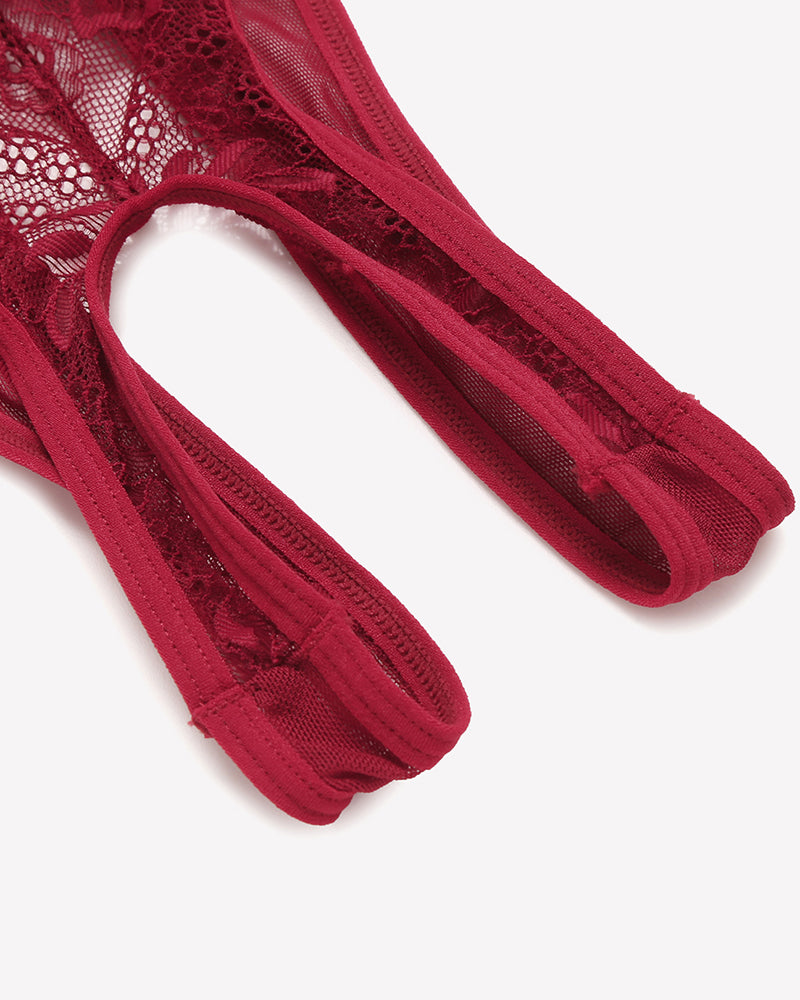 Red lace V-neck mini bodysuit detail, featuring delicate lace, ideal for romantic nights.