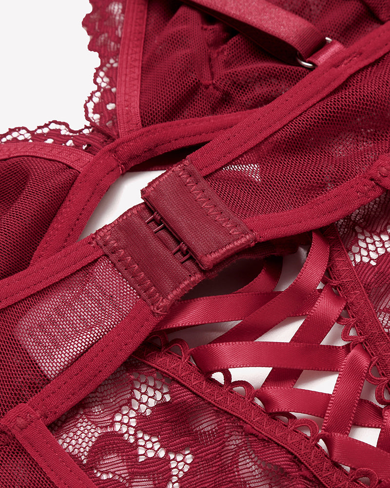 Red lace V-neck bodysuit with lace detail and adjustable straps, ideal for romantic nights
