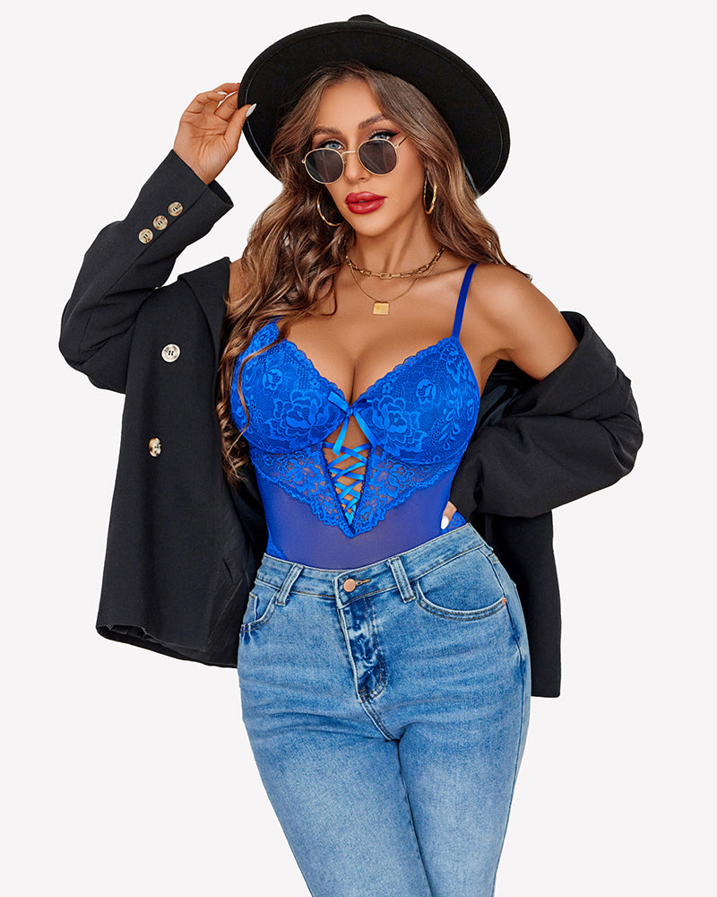 Blue lace V-neck bodysuit with chest cross straps, ideal for romantic nights and special occasions.