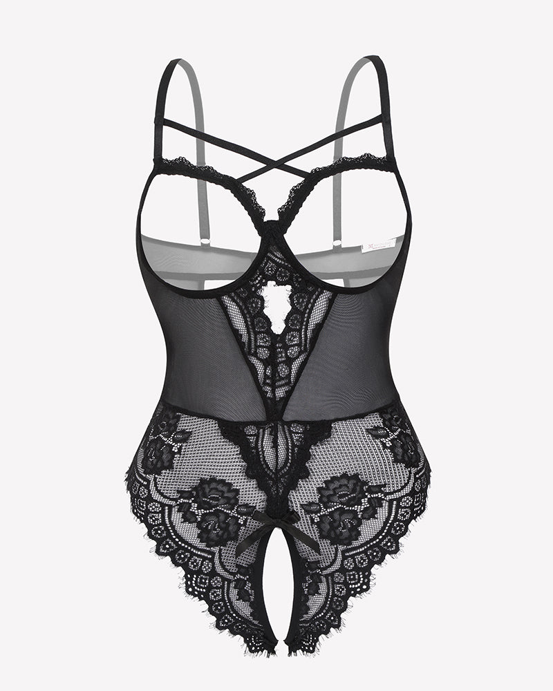 Black floral lace crotchless teddy mini babydoll with adjustable straps