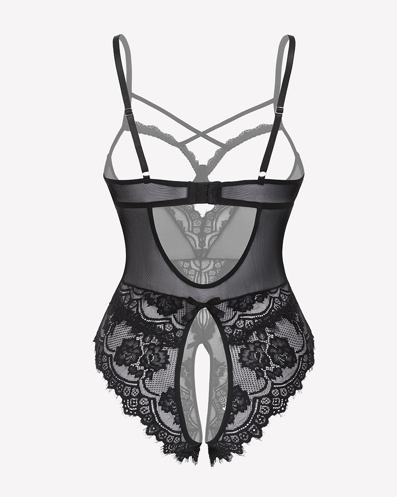 Black floral lace crotchless teddy mini babydoll with adjustable straps and crotchless design