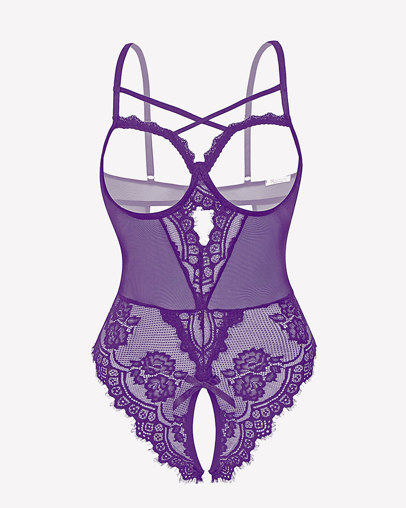 Purple floral lace crotchless teddy mini babydoll with adjustable straps