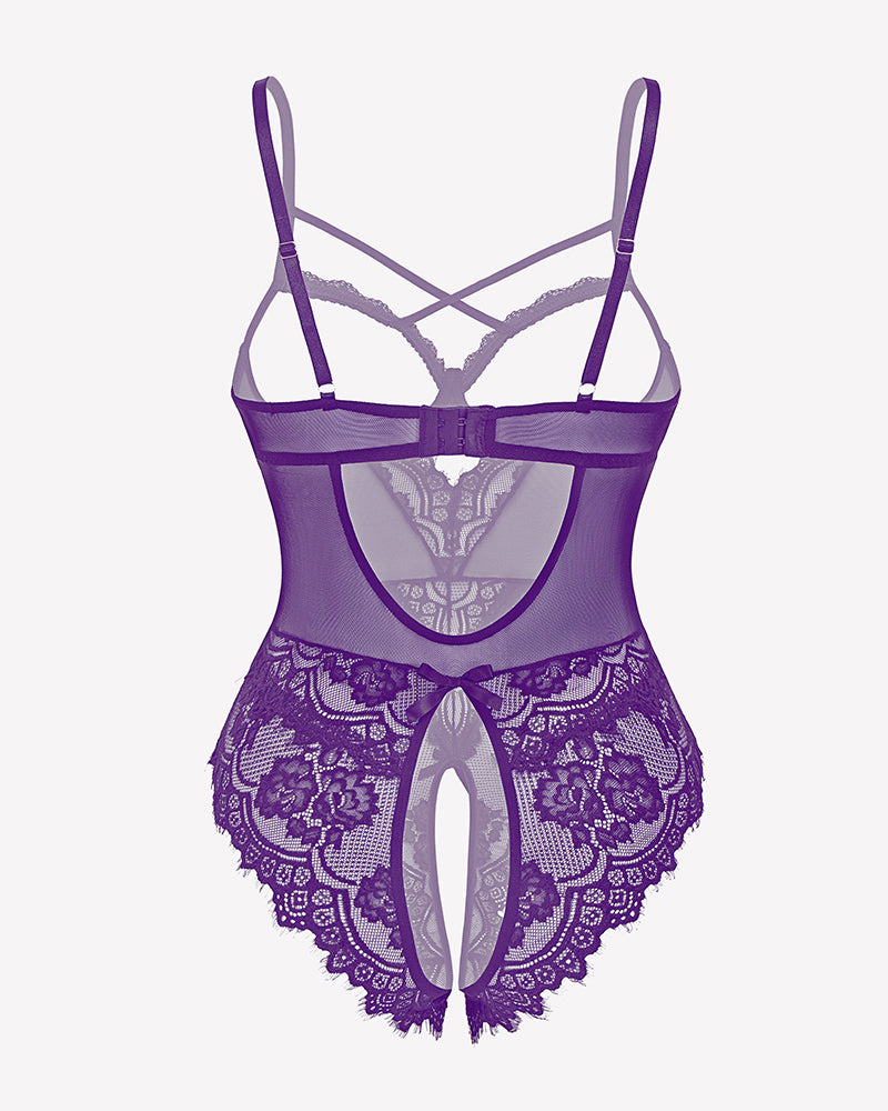 Purple floral lace crotchless teddy mini babydoll with adjustable straps and crotchless design