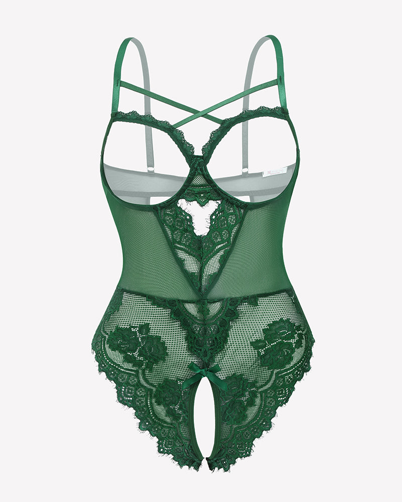 Green floral lace crotchless teddy mini babydoll with adjustable straps and crotchless design