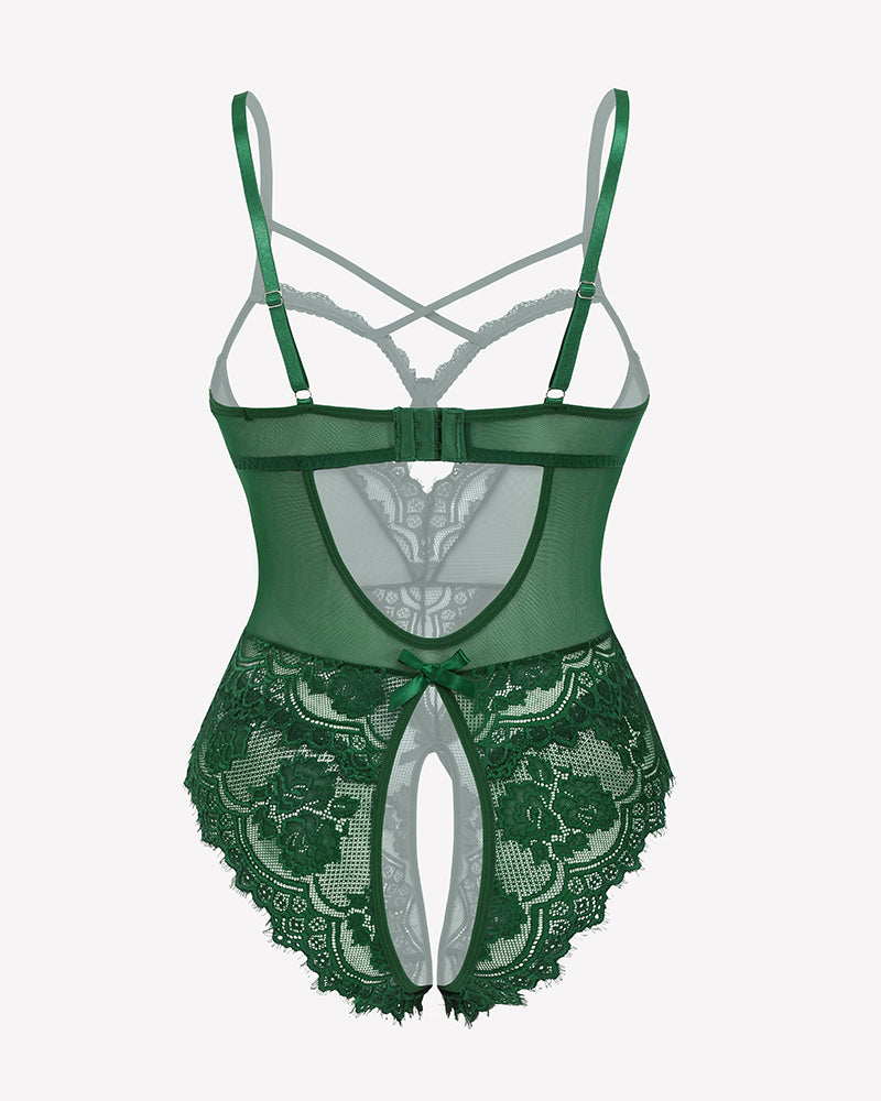 Green lace crotchless teddy mini babydoll with adjustable straps and floral design