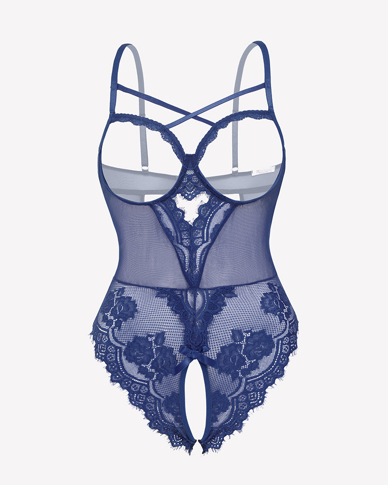 Navy blue floral lace crotchless teddy mini babydoll with adjustable straps and V-neck design
