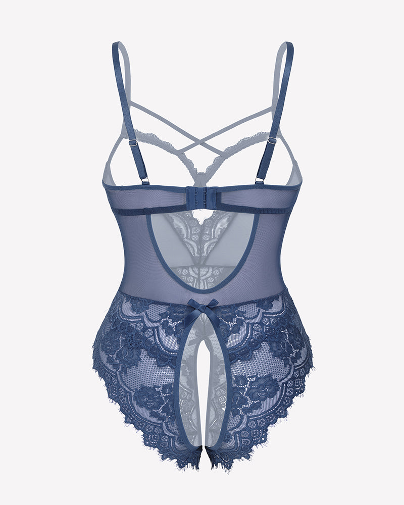 Navy blue floral lace crotchless teddy mini babydoll with adjustable straps and crotchless design