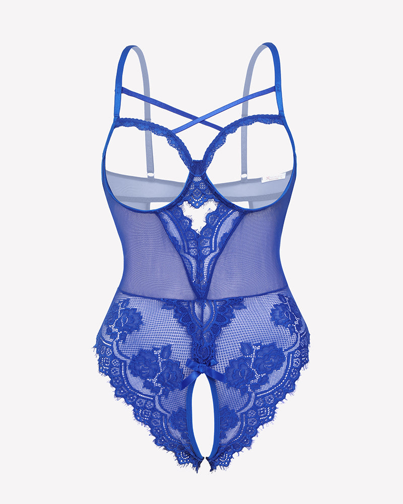 Blue floral lace crotchless teddy mini babydoll with adjustable straps, V-neck