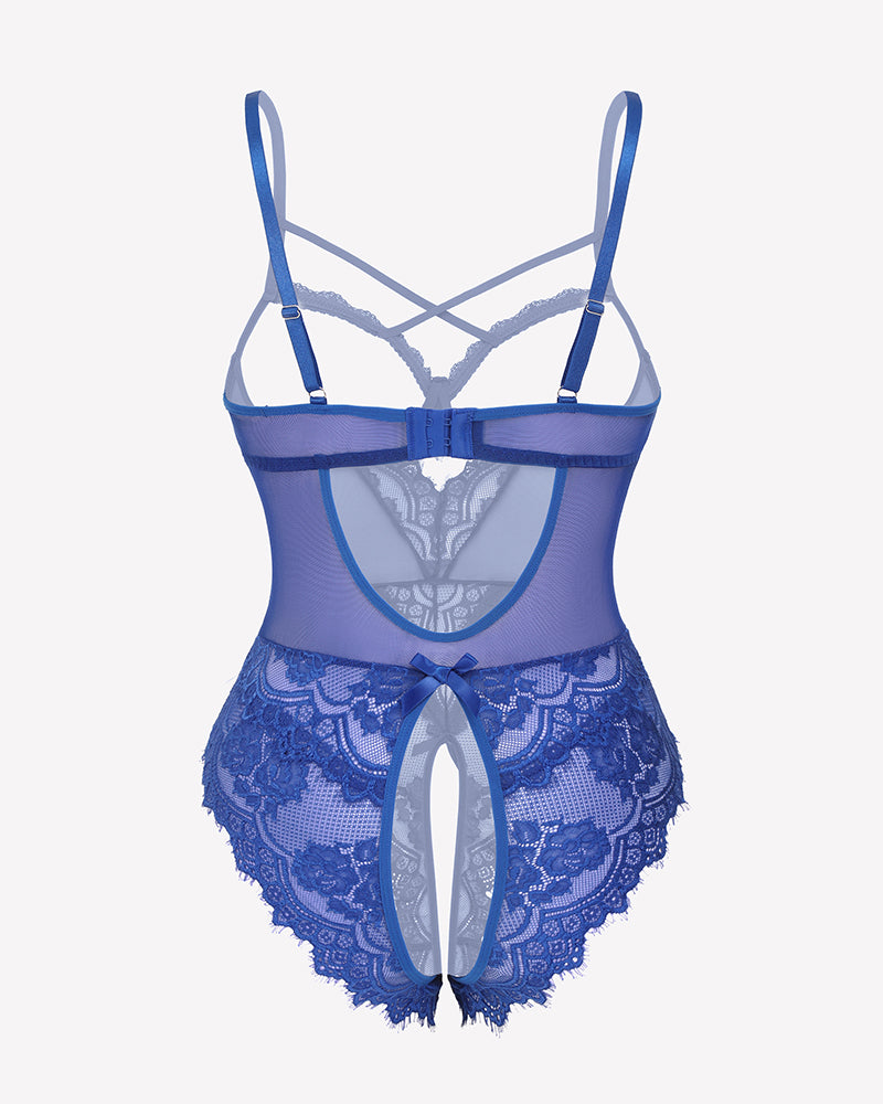 Blue floral lace crotchless teddy mini babydoll with adjustable straps and crotchless design, V-neck