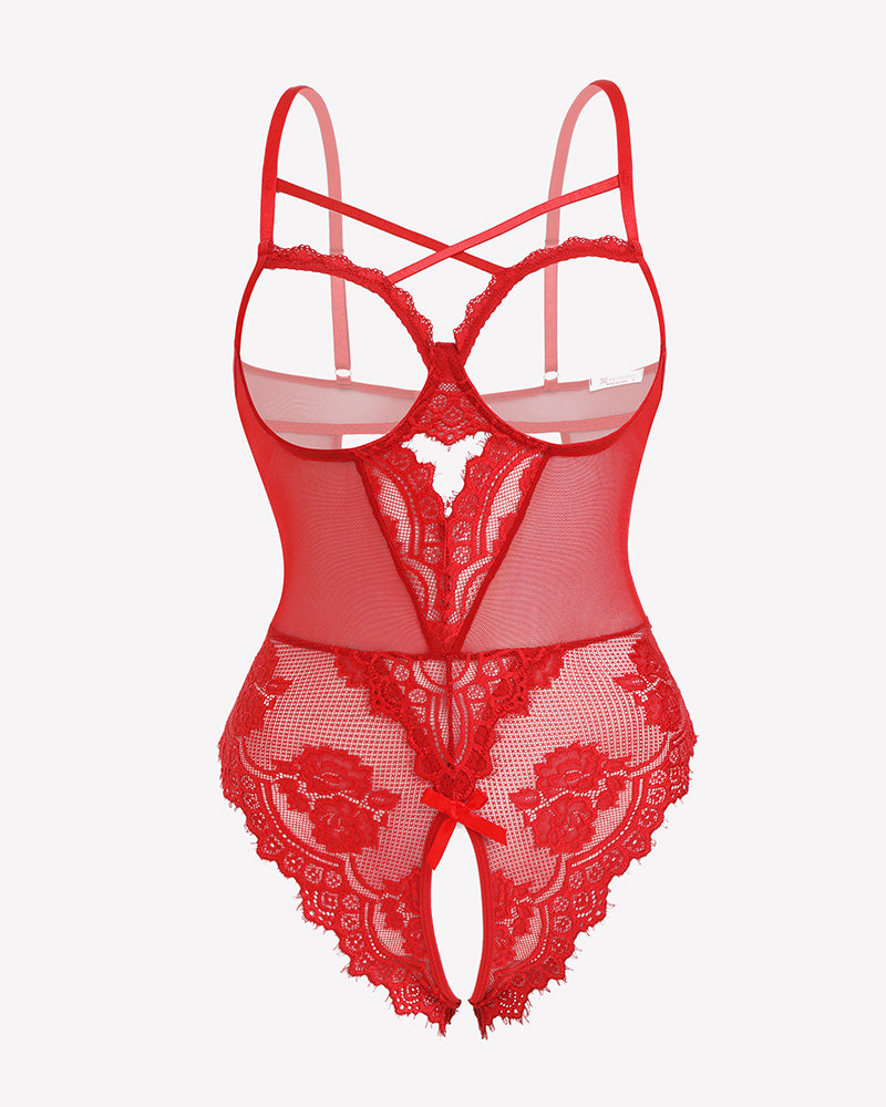 Red floral lace crotchless teddy mini babydoll with adjustable straps and V-neck design