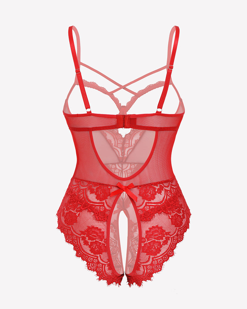 Crotchless red lace teddy mini babydoll with adjustable straps and floral design