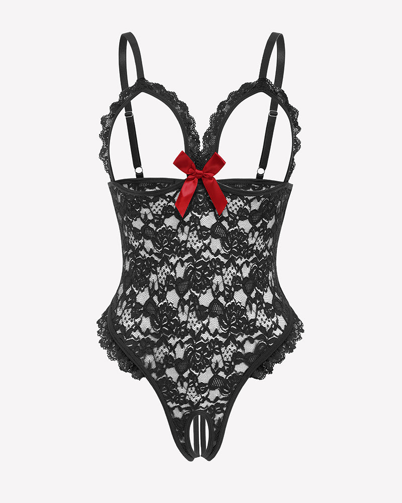 Black lace teddy bodysuit with ruffle V neck and red bow, perfect for romantic lingerie.