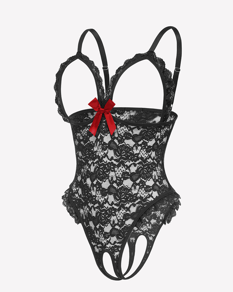 Black lace teddy bodysuit with ruffle V neck and red bow. Romantic lingerie for women.