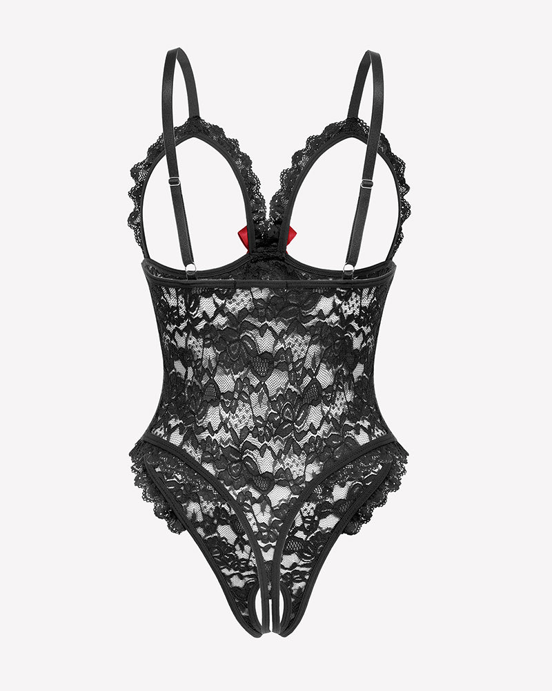 Black lace teddy bodysuit with ruffle V neck, adjustable straps, and red bow. Sexy lingerie.