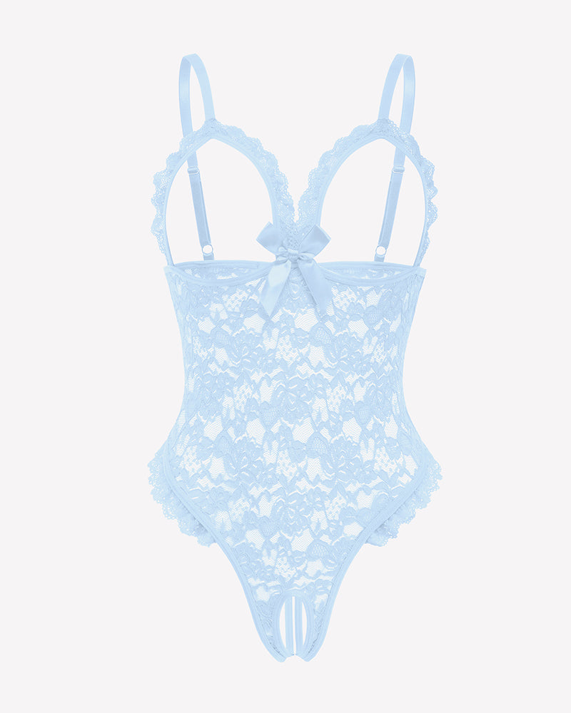Light blue lace teddy bodysuit with ruffle V neck and bow. Romantic lingerie.