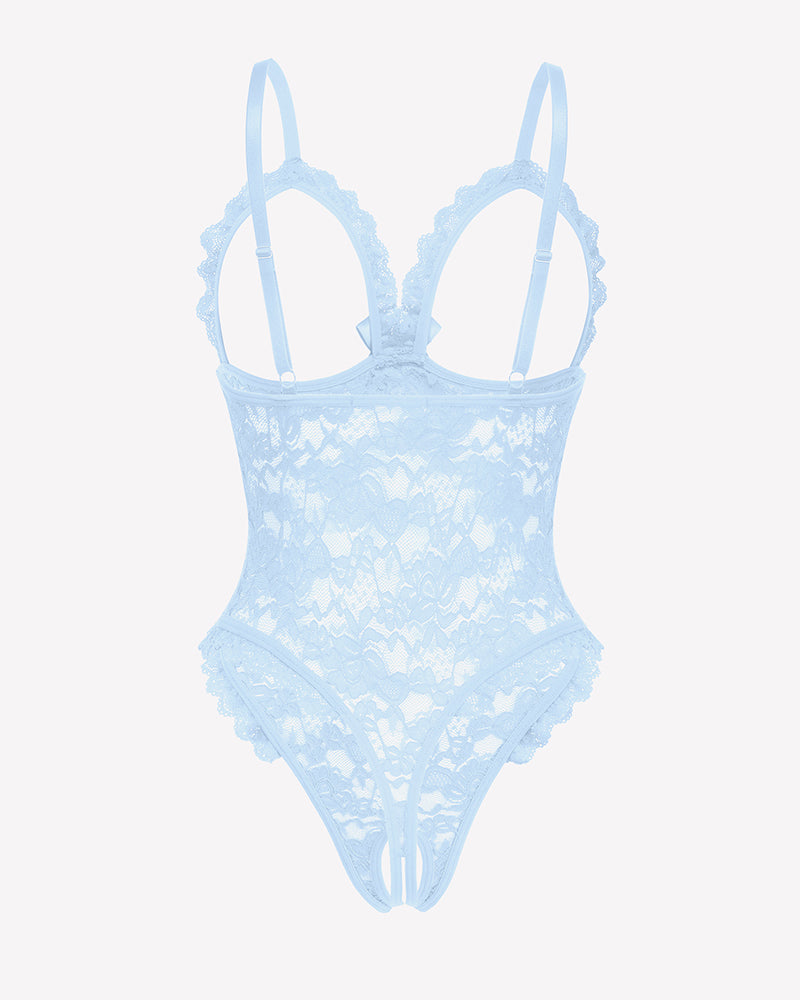 Light blue lace teddy bodysuit with ruffle V neck and bow. Sexy lingerie