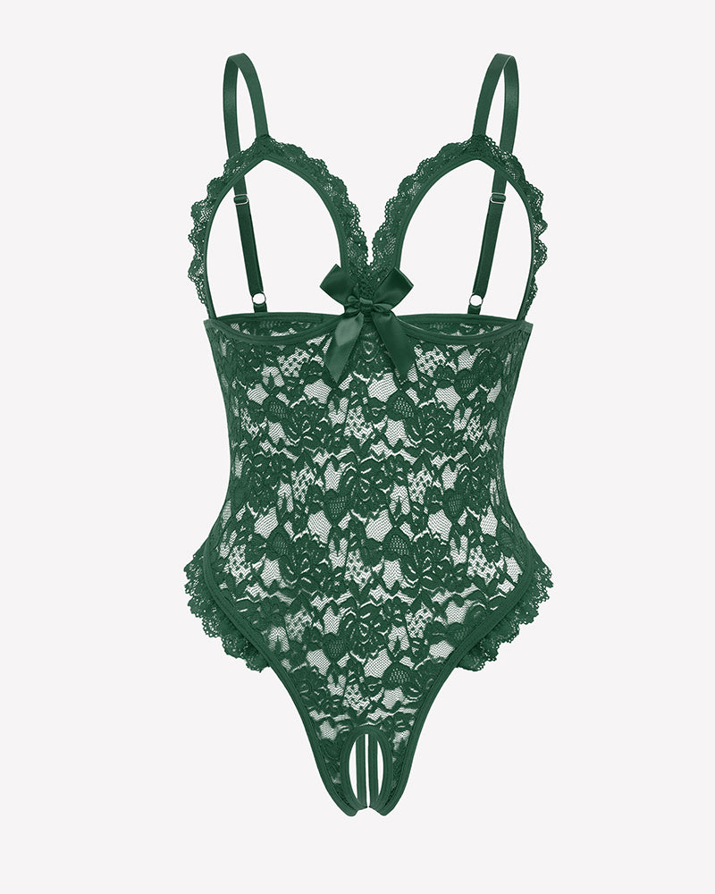 Green lace teddy bodysuit with adjustable straps and bow. Romantic and sexy lingerie.