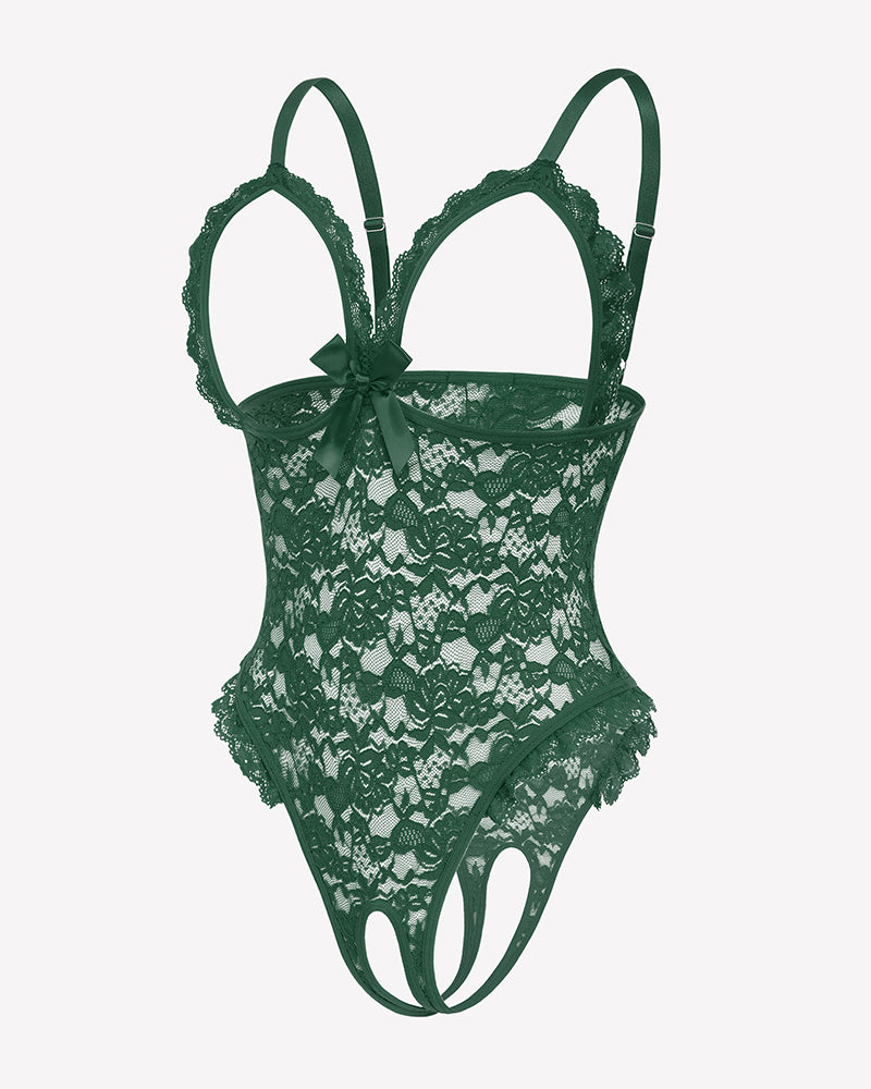 Green lace teddy bodysuit with ruffle V neck and bow. Romantic lingerie.