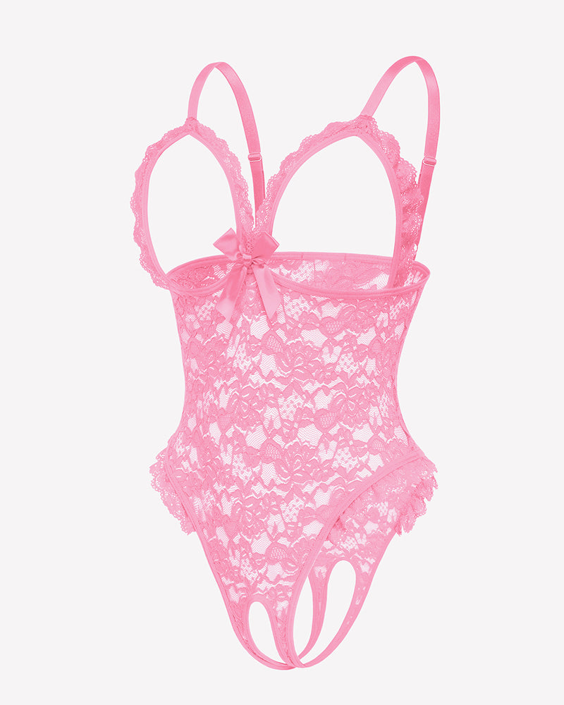 Pink lace teddy bodysuit with ruffle V-neck, bow, adjustable straps. Sexy lingerie for women.