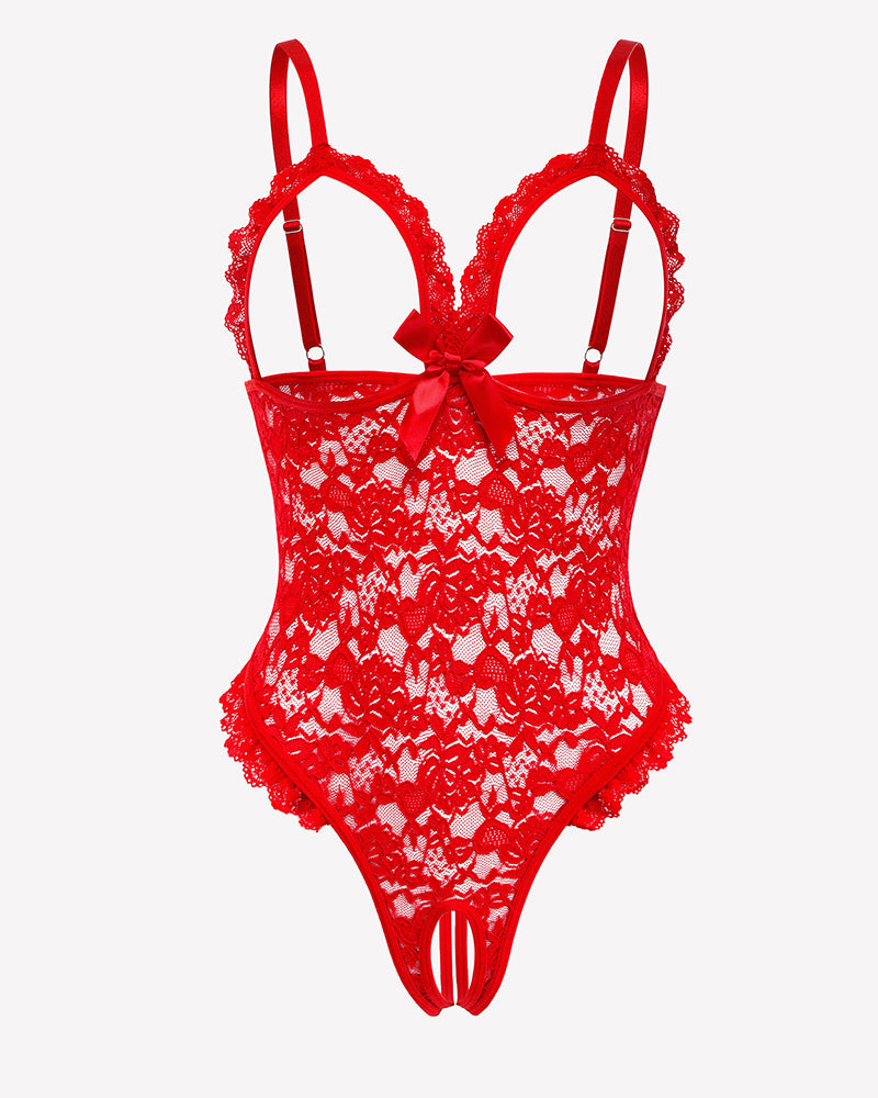 Red lace teddy bodysuit with ruffle V neck, bow, and adjustable straps. Sexy lingerie for women.