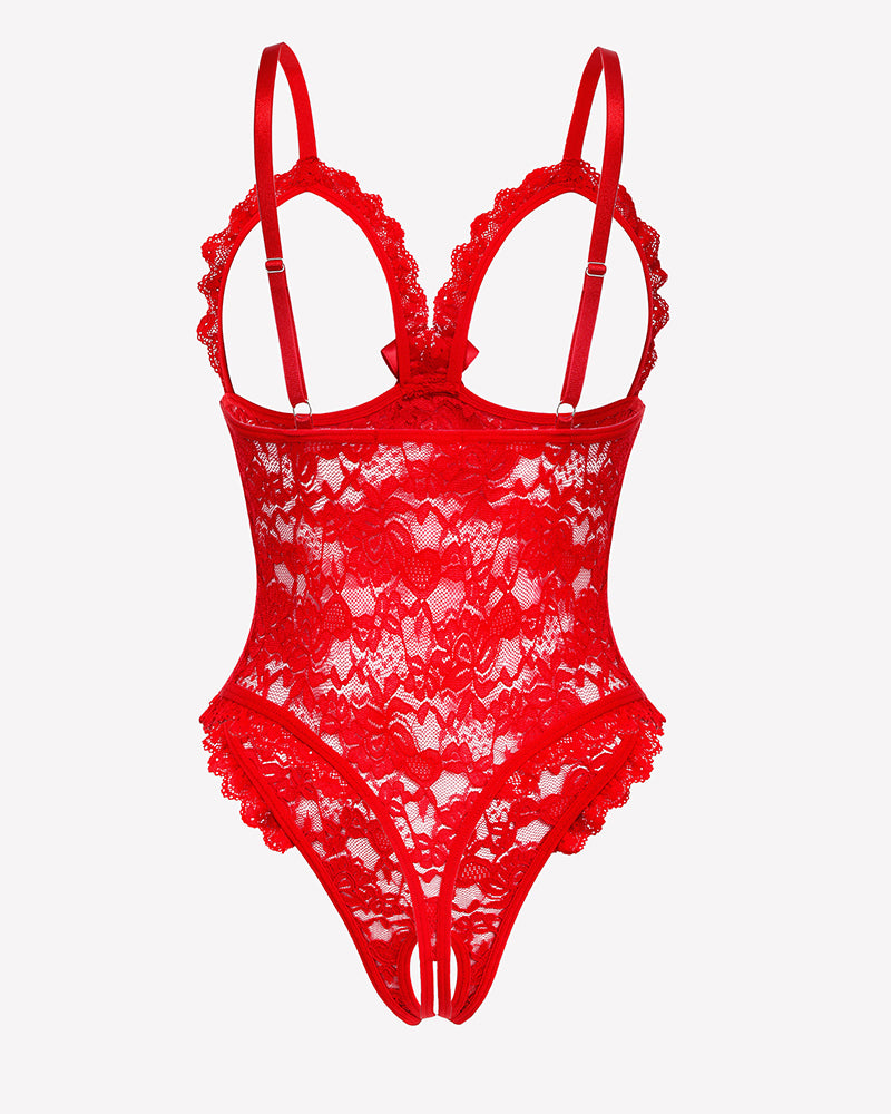 Red lace teddy bodysuit with ruffle V neck, adjustable straps, and cutout bottom. Sexy lingerie.