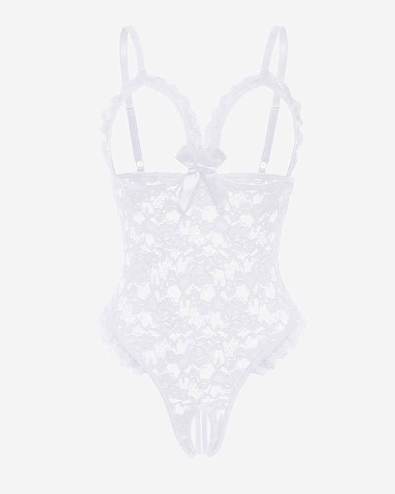 White lace teddy bodysuit with ruffle V neck and bow. Sexy lingerie for women.